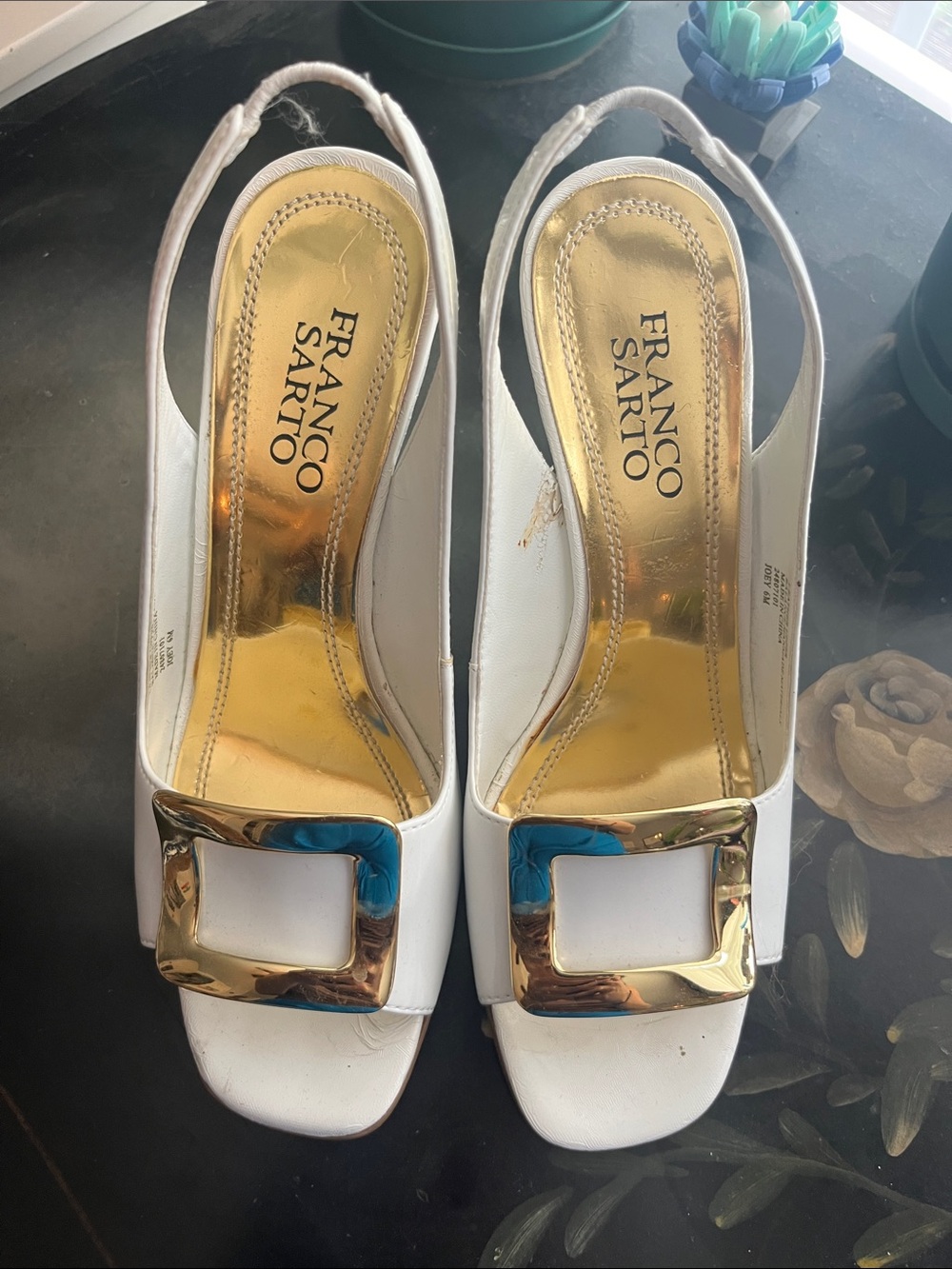Franco Sarto White Slingback Wedges with Gold Buckle